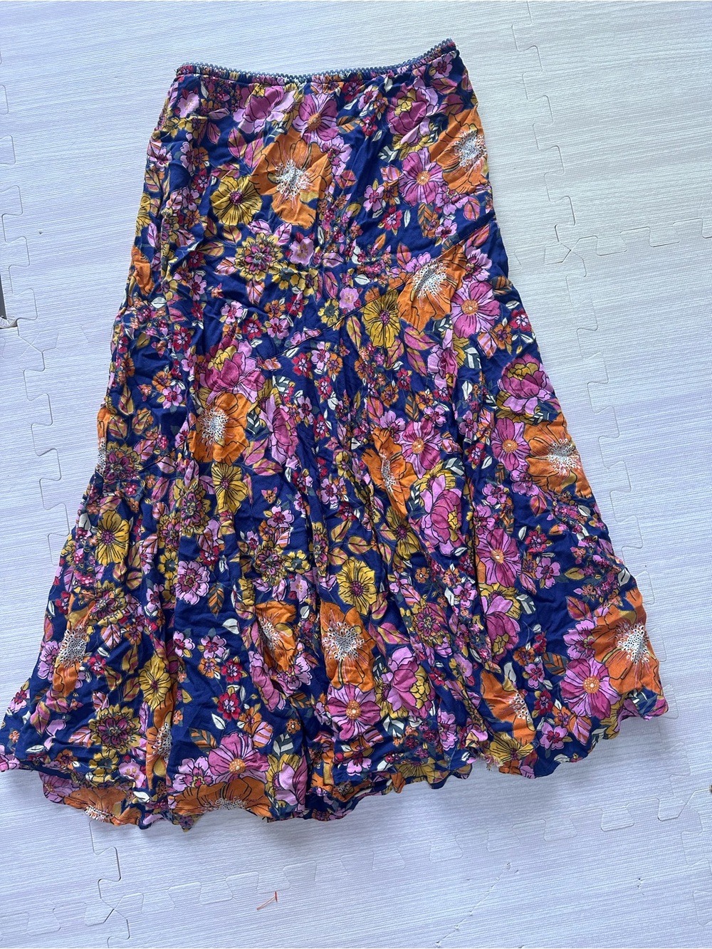 Floral Maxi 90s vintage Skirt - Navy with Pink & Orange Flowers